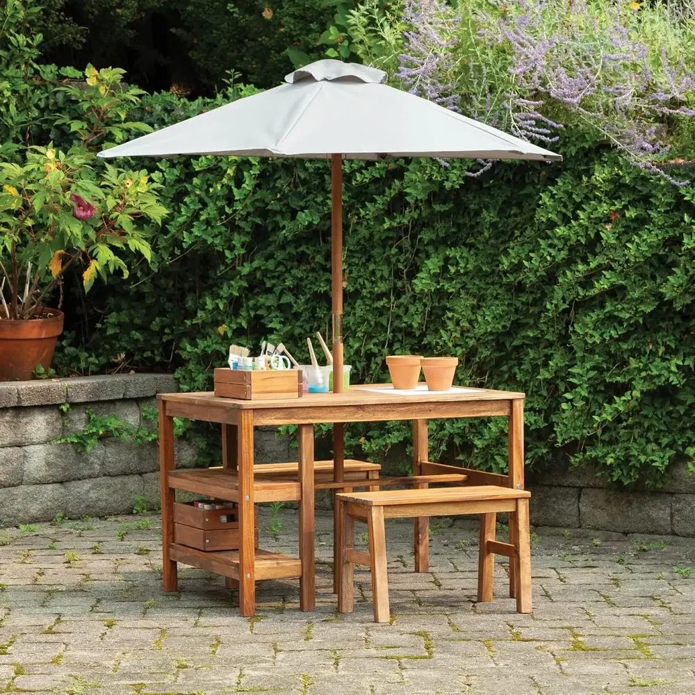 Kids Outdoor Bench With Umbrella - Kids Outdoor Crat Table, Benches &