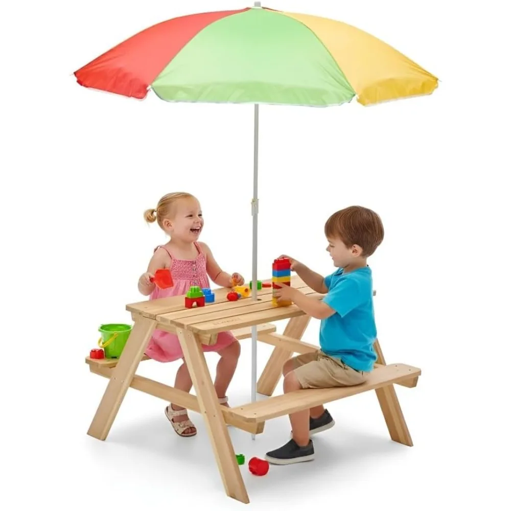 Kids Outdoor Bench With Umbrella - Wooden Kids Picnic Table Outdoor Toddler