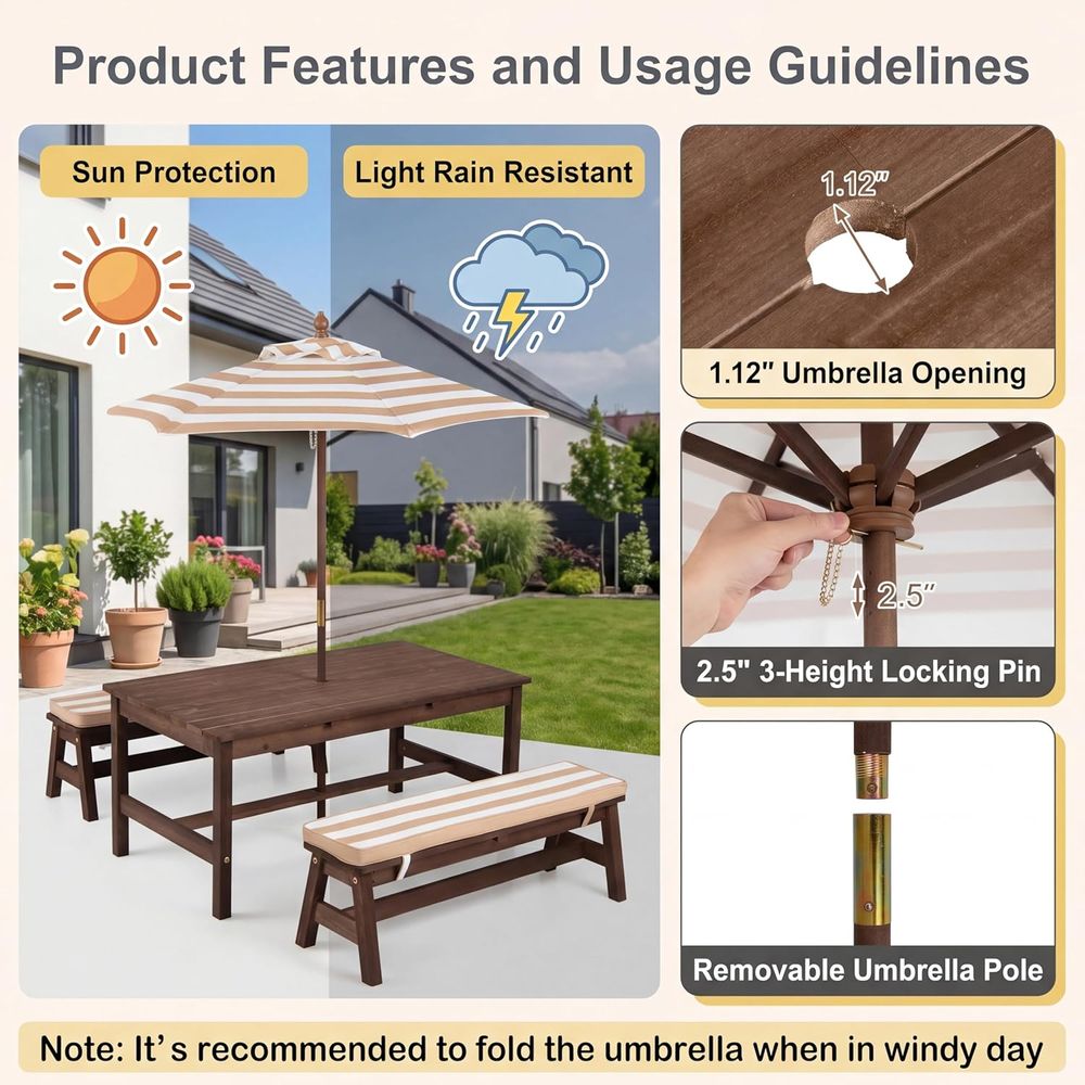 Kids Picnic Table, Large 42“x  - Kids Outdoor Bench With Umbrella review and price