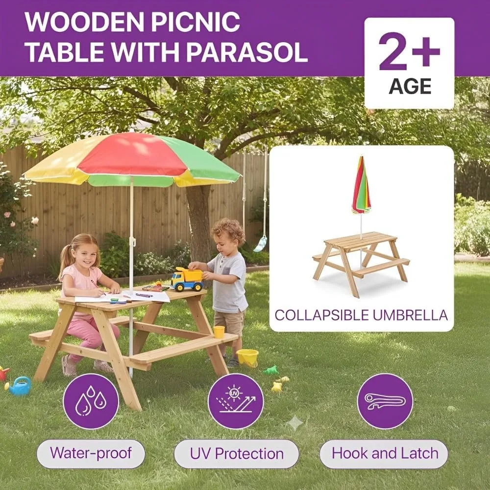 Wooden Kids Picnic Table Outdo - Kids Outdoor Bench With Umbrella review and price
